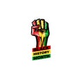 Black history month square banner with protest raised fist colored in African flag isolated on white background. Vector