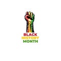 Black history month square banner with protest raised fist colored in African flag isolated on white background. Vector