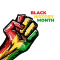 Black history month square banner with protest raised fist colored in African flag isolated on white background. Vector