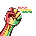 Black history month square banner with protest raised fist colored in African flag isolated on white background. Vector