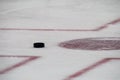 Black hockey puck on ice rink. Winter sport