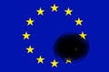 Black hole on european union flag swallows one star. hole financial hole debit crisis damage concept Royalty Free Stock Photo