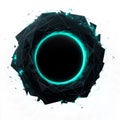 Black hole with glowing turquoise rings and geometric orbits, low poly on a white background