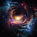 A black hole in space with a bright blue and purple swirl, AI