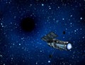 Black hole in universe. Wormhole and blue nebula in outer space. Spaceship flying to mystery hole in deep cosmos. Future space