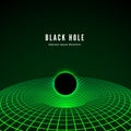Black Hole visualisation. Illustration of deformation time and space in green colors. Destruction of matter by black hole. Vector