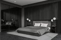 Black home bedroom interior with bed and glass wardrobe, nightstand