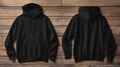 Black Hoodie Mockup: Front and Back Views on Rustic Wood Royalty Free Stock Photo