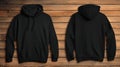Black Hoodie Mockup, Front and Back Views on Rustic Wood Royalty Free Stock Photo