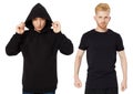 Black Hoody T-shirt mock up set isolated front view, man in black hoody and man in t shirt mockup set isolated on white background