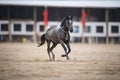 black horse cantering in a sand arena