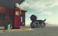 Black horse with car wheels instead of legs at a gas statio