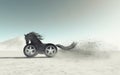 Black horse with car wheels instead of legs at high speed in the desert Royalty Free Stock Photo