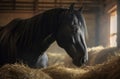 Black horse eating hay head. Generate Ai