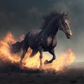 A black horse engulfed in flames gallops across the scorched earth Royalty Free Stock Photo