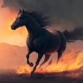 A black horse engulfed in flames gallops across the scorched earth Royalty Free Stock Photo