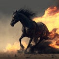 A black horse engulfed in flames gallops across the scorched earth Royalty Free Stock Photo