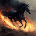 A black horse engulfed in flames gallops across the scorched earth Royalty Free Stock Photo