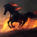 A black horse engulfed in flames gallops across the scorched earth Royalty Free Stock Photo