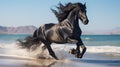 Black horse galloping on the beach at sunset Royalty Free Stock Photo