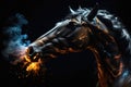 Black horse nose and lips in snow and frozen whiskers close-up. Horse breathing in a cold weather producing.