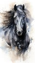 Black Horse Portrait. Illustration in watercolor style. Concept of freedom and beauty of wild animal. Perfect for Royalty Free Stock Photo