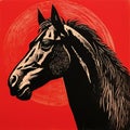 Black Horse In Red: A Monochromatic Woodcut Portrait With Western-style Influence