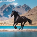 black horse running in desert near blue lake and mountain , generated by AI Royalty Free Stock Photo