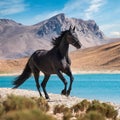 black horse running in desert near blue lake and mountain , generated by AI Royalty Free Stock Photo