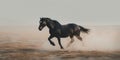 A black horse running in a field of brown grass. Generative AI image. Royalty Free Stock Photo