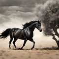 Black horse running gallop in the desert with trees and cloudy sky Royalty Free Stock Photo