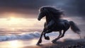 Black horse running on the seashore at sunset. 3d render Royalty Free Stock Photo