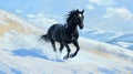 Majestic Black Horse Galloping Through Snowy Mountain Landscape Royalty Free Stock Photo
