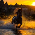 A black horse running through the water at sunset Royalty Free Stock Photo