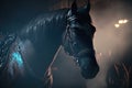 a black horse standing in a dark room with spotlights. Royalty Free Stock Photo