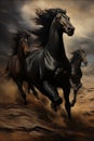 Black horses running in the desert, 3d rendered illustration