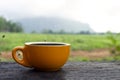 Black hot coffee in orange color cup resting on an old wooden table with a grass field and mountain background after rain in the Royalty Free Stock Photo