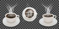 Black hot coffee, three Cup positions with saucer, isolated, realistic vector. Royalty Free Stock Photo