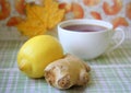 Black hot tea with fresh and natural lemon and ginger root is good for treating colds and viral diseases.