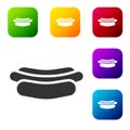 Black Hotdog sandwich icon isolated on white background. Sausage icon. Fast food sign. Set icons in color square buttons Royalty Free Stock Photo