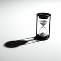 A black hourglass with fine sand is positioned on a smooth, white surface. It casts a Royalty Free Stock Photo