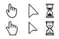 Black hourglass loading clock, pointer hand and arrow mouse cursors icon sign