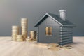 Black house with golden coin stacks on wooden and concrete background. Mortgage and loan concept. Royalty Free Stock Photo