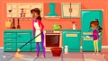 Black housewife cleaning kitchen vector illustration