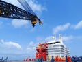 huge crane and superstructure on the ship
