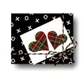 Black hugs and kisses gift present box with tied string bow and two plaid tartan hearts note. Wrapping diy idea. Vector