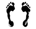 Black human footprint white background isolated closeup, barefoot person foot print pattern illustration, footstep silhouette mark Royalty Free Stock Photo