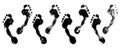 Black human footprints set on white background isolated closeup, barefoot person foot print pattern collection, group of footstep