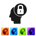 Black Human head with lock icon isolated on white background. Set icons in color square buttons. Vector Illustration Royalty Free Stock Photo