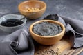 Black hummus with black sesame tahini. Traditional middle eastern appetizer. Trendy food, healthy vegan food